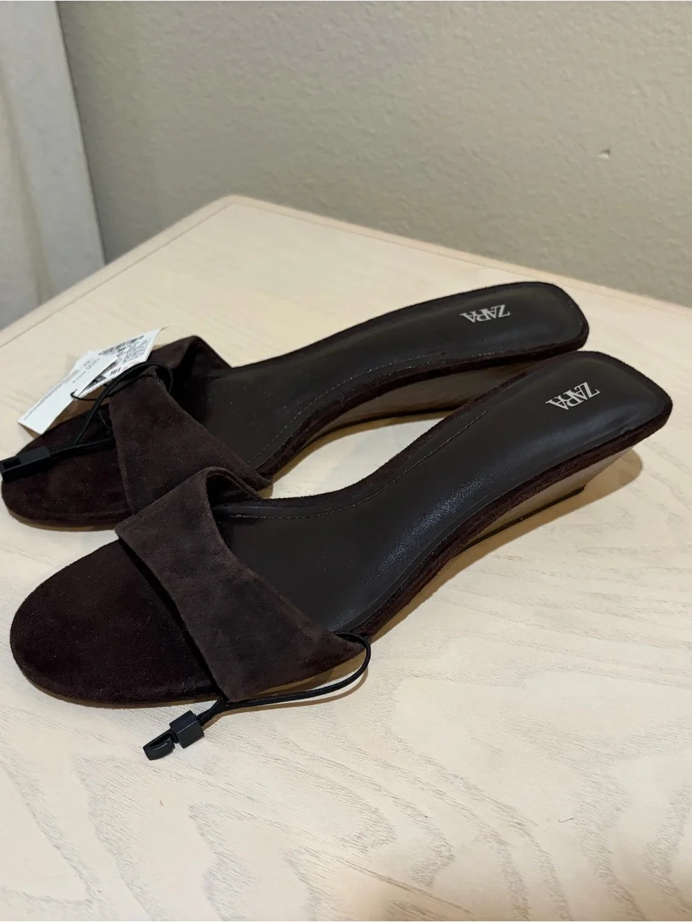NEW Zara Dark Brown Suede Open-Toe Wedge Slides Sandals